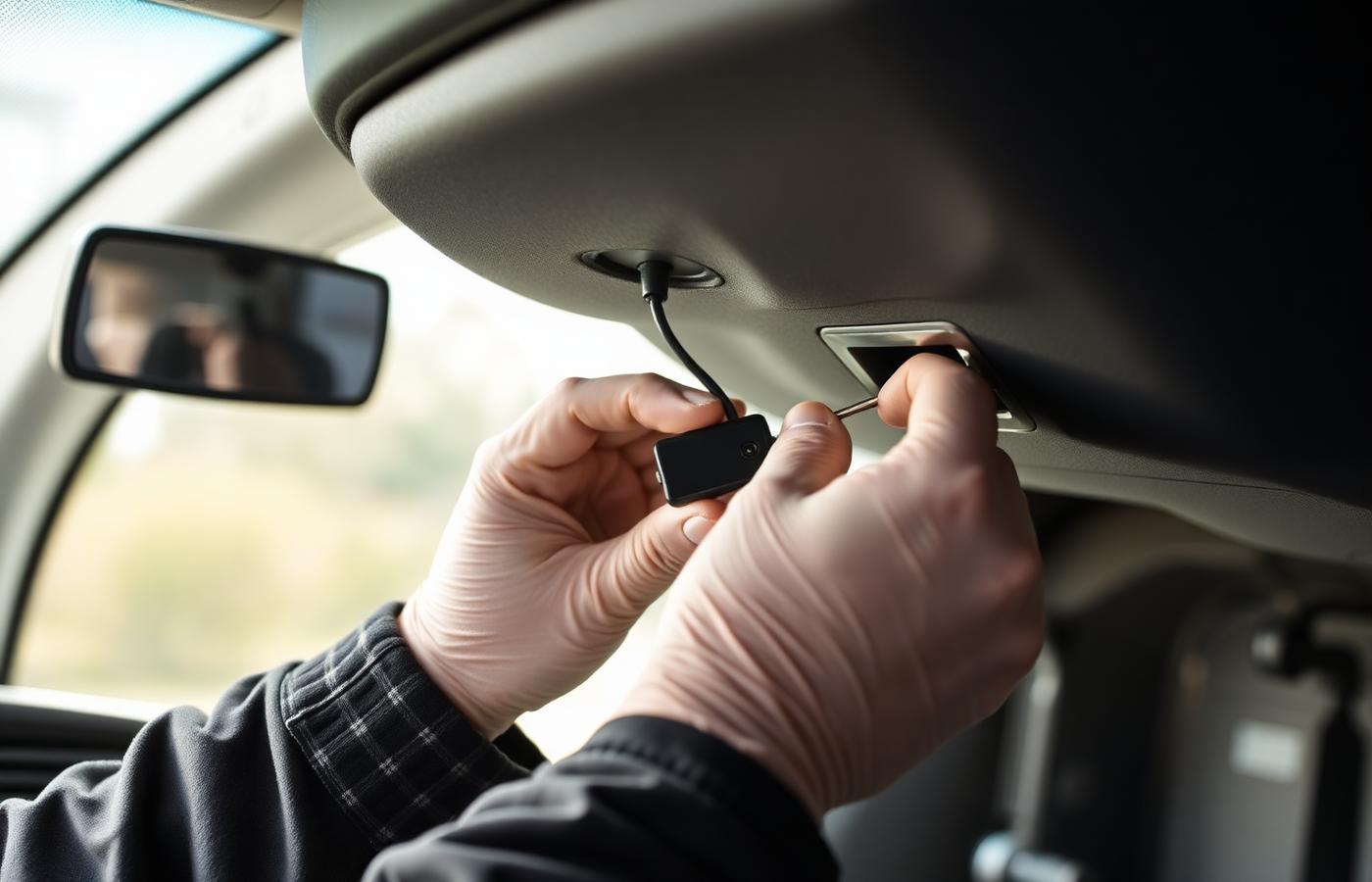 A Future Security technician installing a GPS device in a vehicle