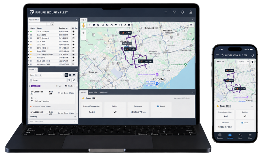 Fleet management platform shown on MacBook and iPhone