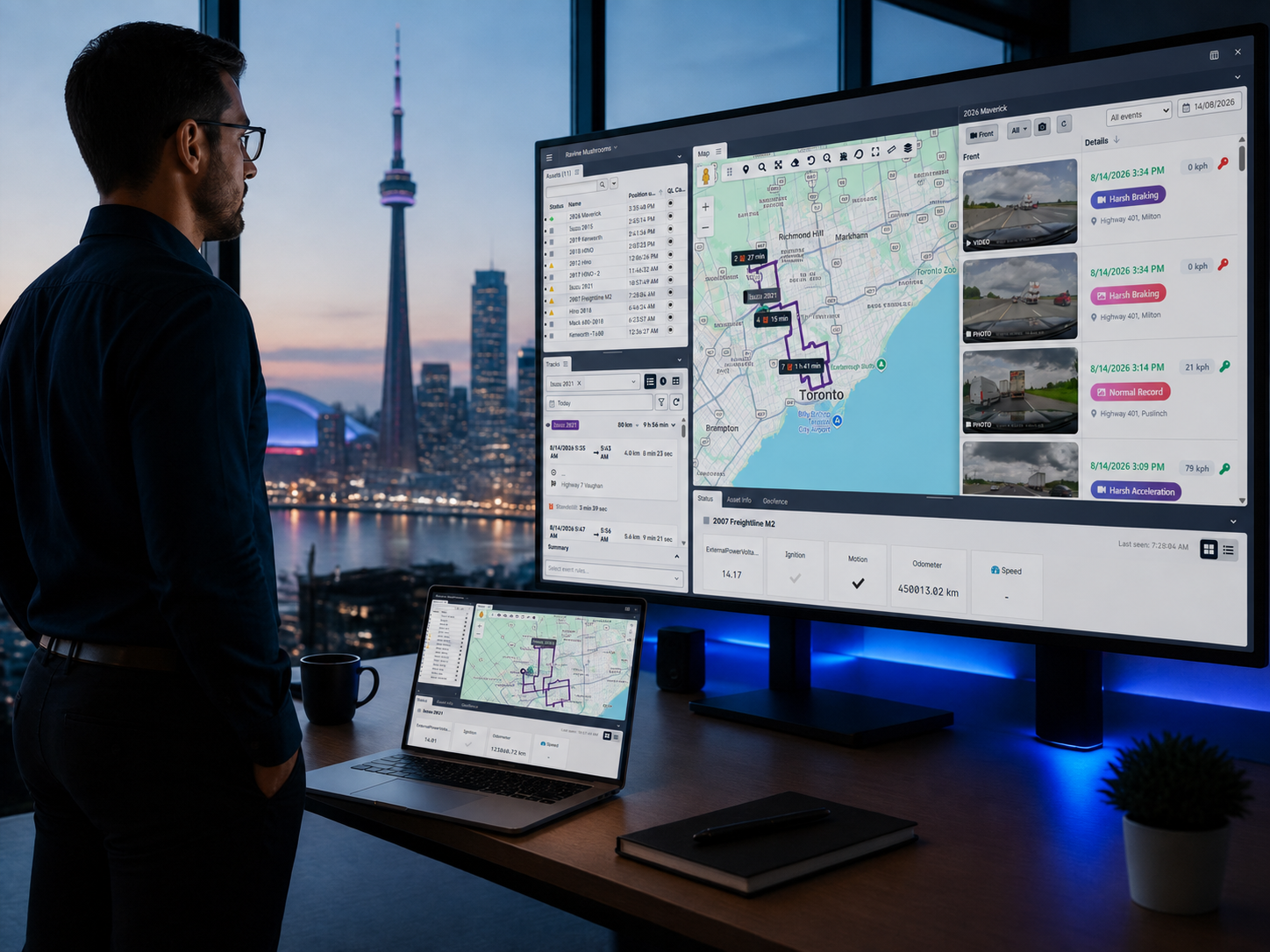 Fleet operations manager reviewing vehicle locations on a live tracking dashboard
